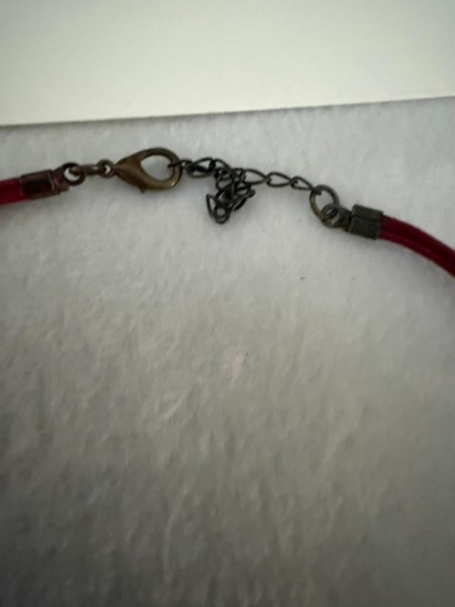 Vintage Red Multi Strand Cord Necklace Rhinestone Glass Pendant AB Crystal 16 in
