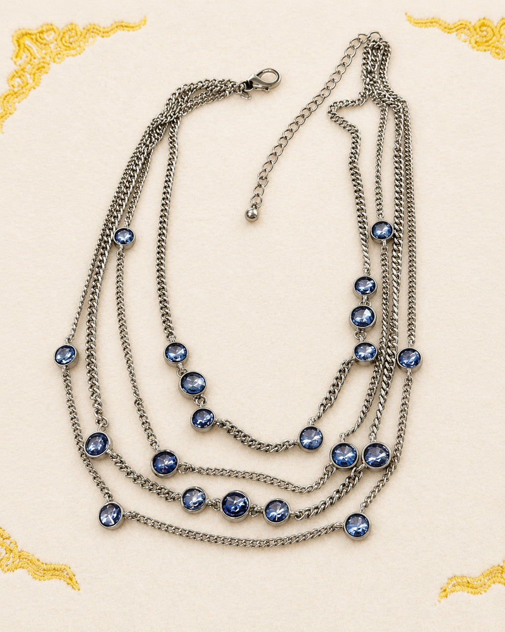 Chico’s Linda Illusion Blue Crystal Multi Strand Necklace Silver Tone 21"