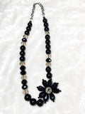 Black Beaded Flower Pendant Necklace approx 18." Facetedt Costume Jewelry