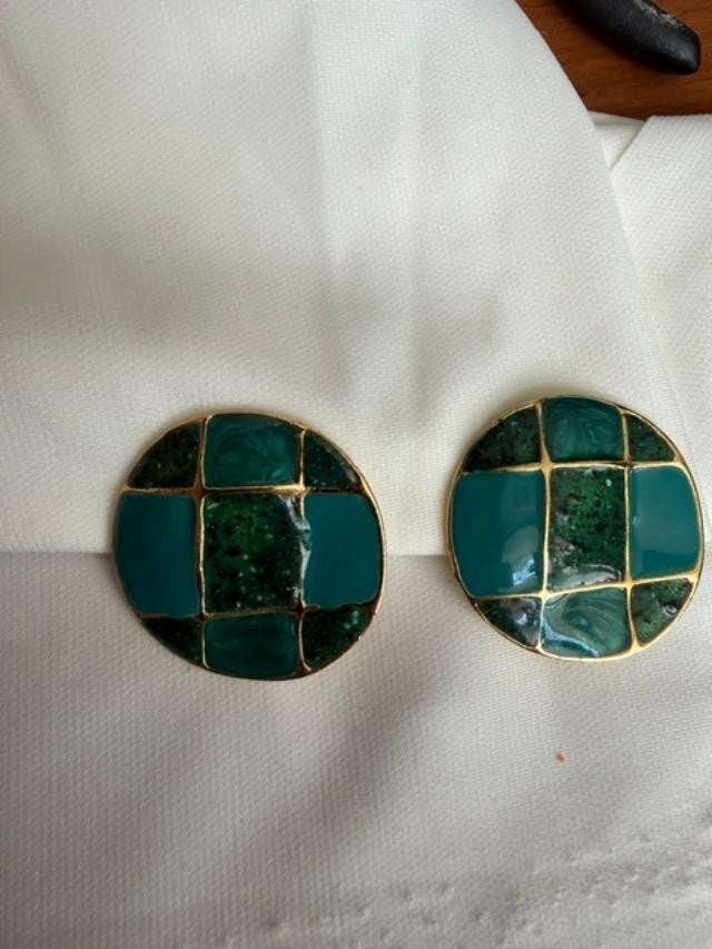 Vintage Clip-On Earrings : Deep teal green, turquoise & Gold Circle:  1.5”Diam.