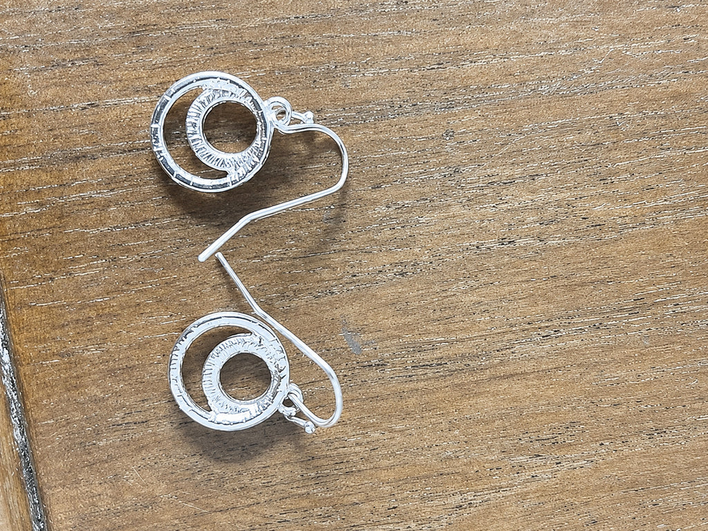 Silver Tone Textured Double Circle Fishhook Dangle Earrings Unmarked