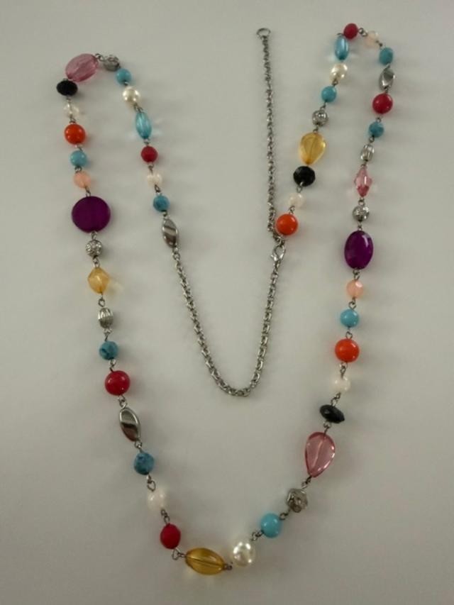 Multicolor Mixed Bead Faux Pearl Long Station Necklace Silver Tone 42"