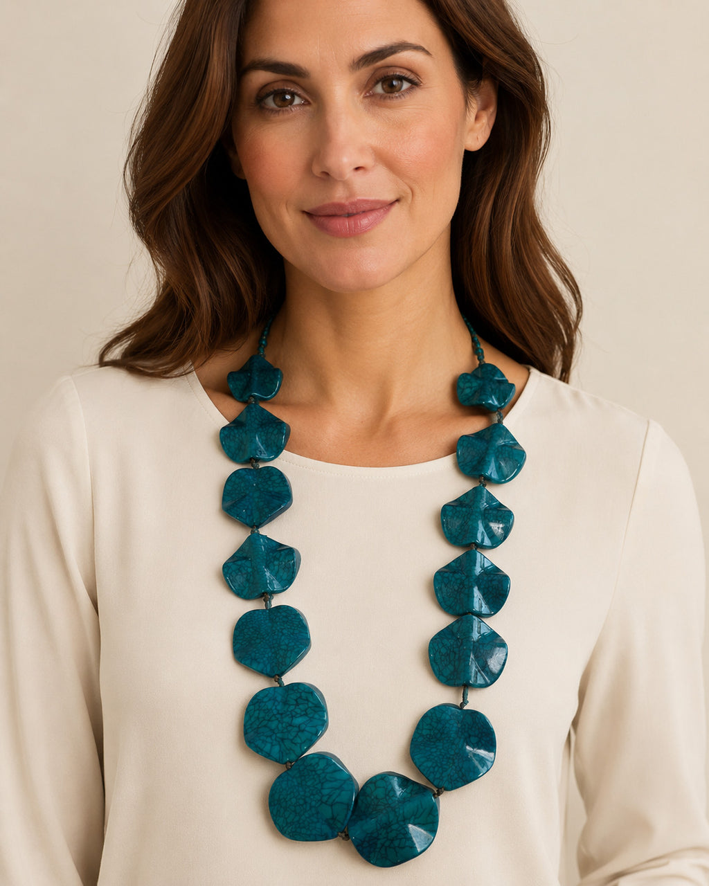 Teal Faux Turquoise Large Sculptural Bead Necklace 30" individually Knotted