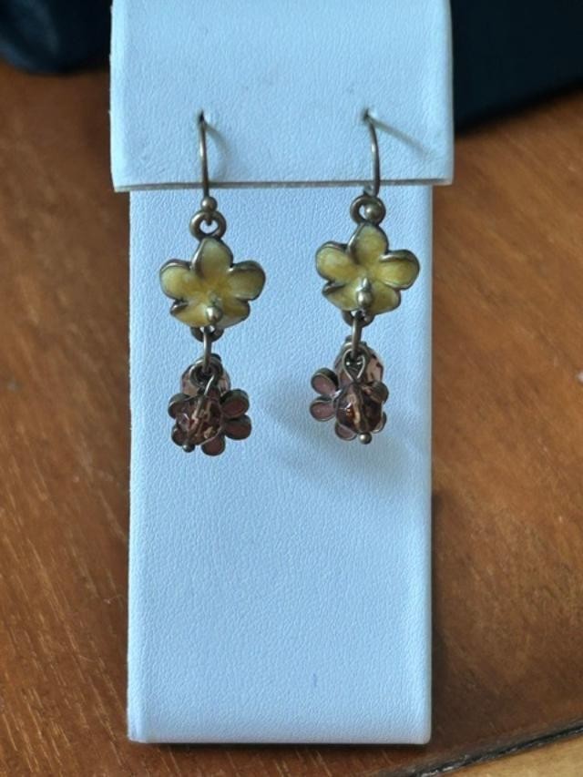 Yellow Enamel Flower Brown Bead Cluster Dangle Earrings Fishhook