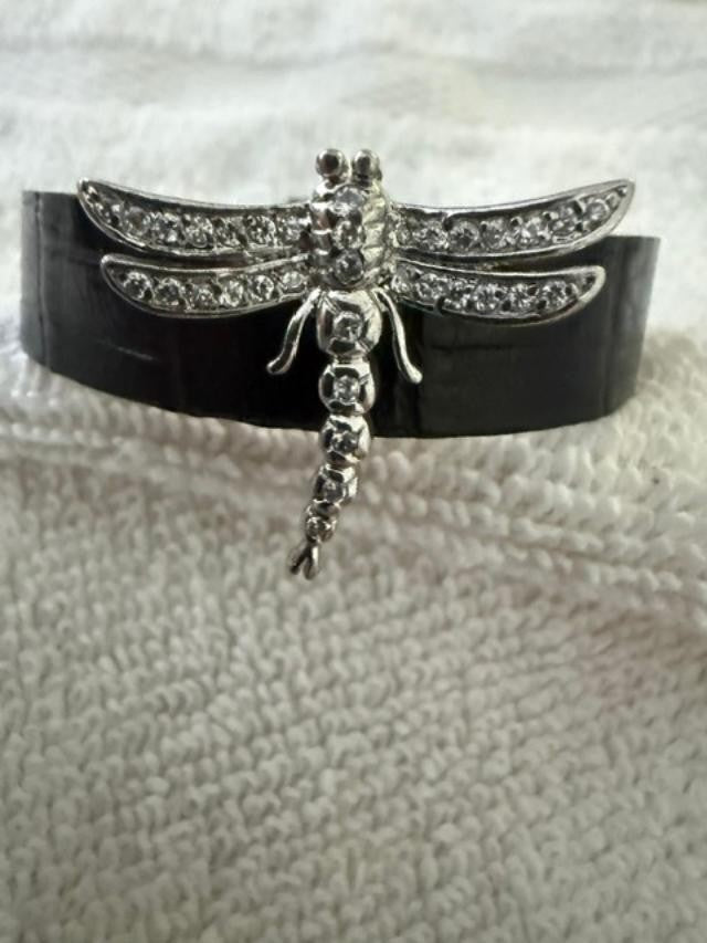 Black leather Band with Sterling Silver Dragonfly Bracelet