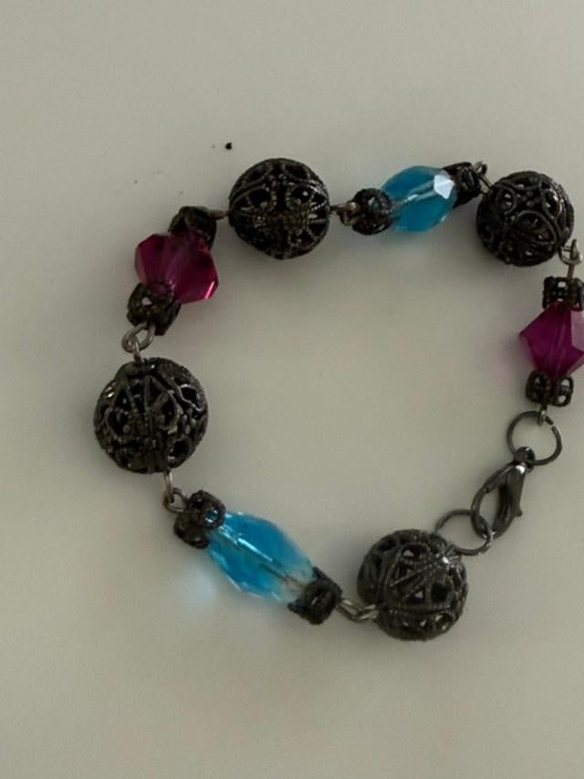 Vintage Filigree Ball Bead Bracelet Blue Fuchsia Crystal Silver Tone 7"
