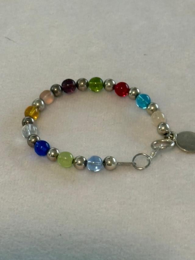 Vtg 90s Sterling Silver Round Bead Glass Bead Bracelet Toggle Clasp 7.5”