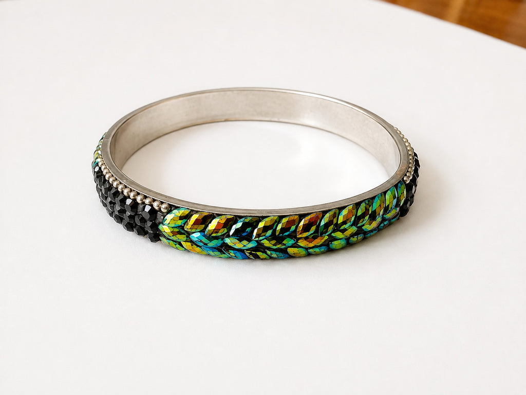 Iridescent Marquise Rhinestone Black Crystal Silver Tone Bangle Bracelet