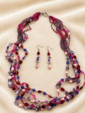Multi Strand Boho Beaded Necklace Matching Earrings Purple Pink Set 30 inch