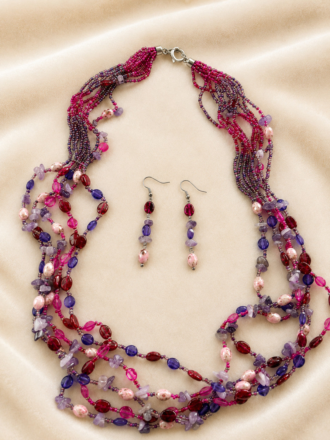 Multi Strand Boho Beaded Necklace Matching Earrings Purple Pink Set 30 inch