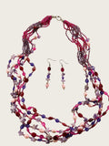 Multi Strand Boho Beaded Necklace Matching Earrings Purple Pink Set 30 inch