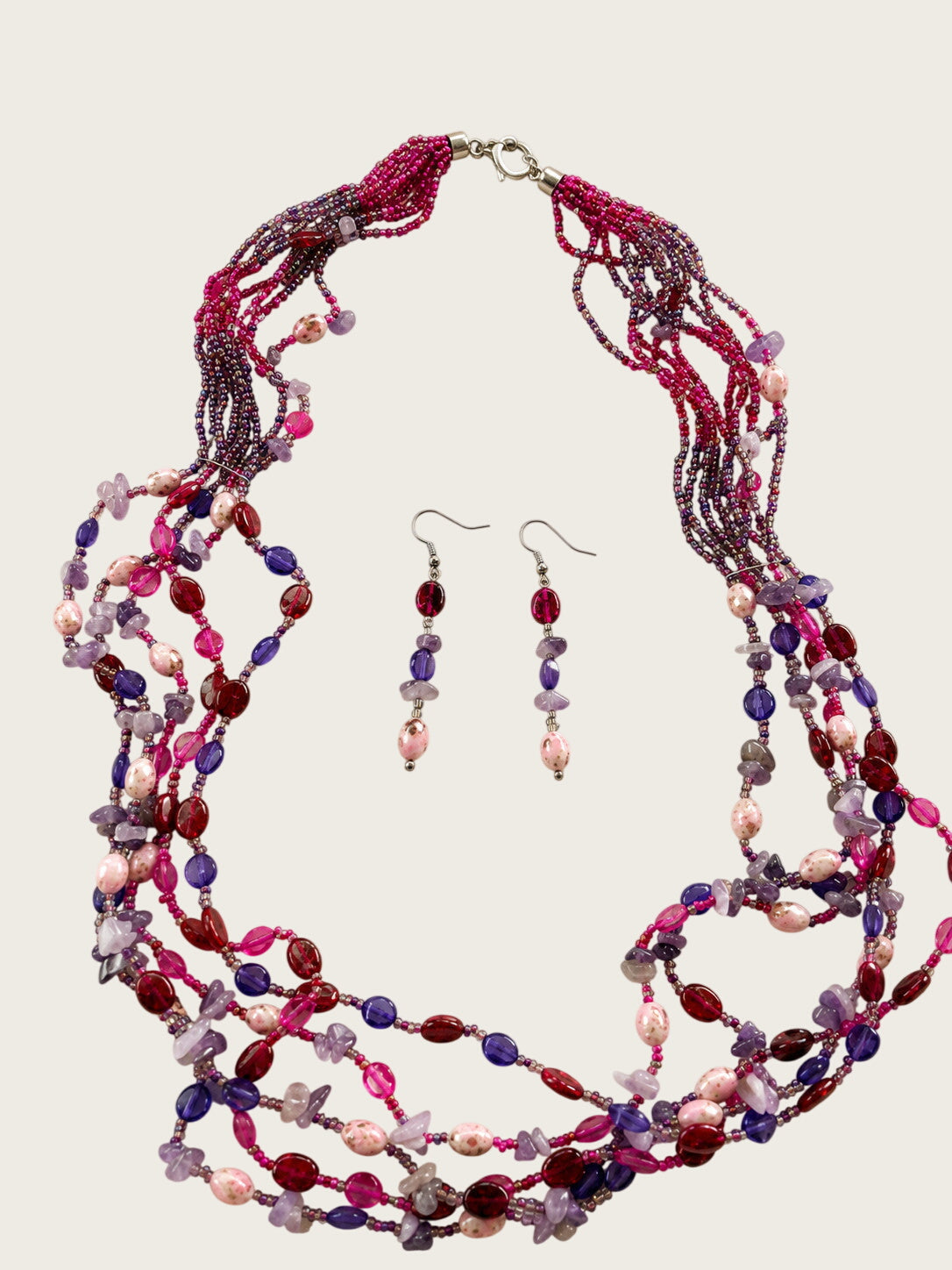 Multi Strand Boho Beaded Necklace Matching Earrings Purple Pink Set 30 inch