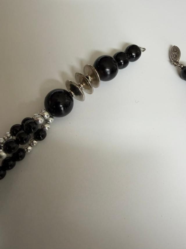 Vintage chunky silver & Black Bead 3 Strd Necklace 22 inches