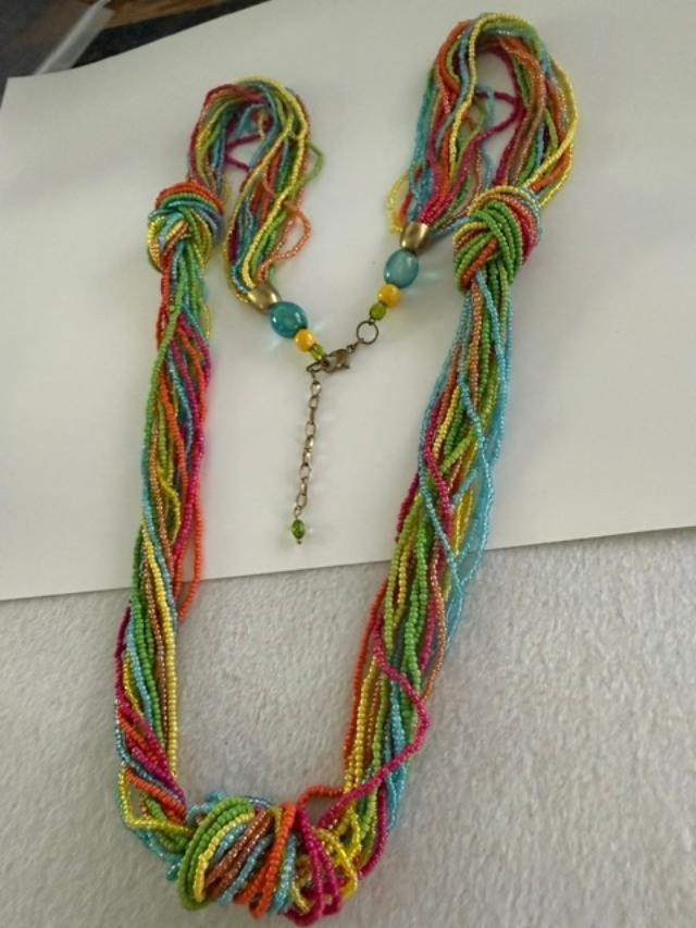 40" Multi Strand Rainbow Seed Bead Necklace Boho Knot Colorful Beaded