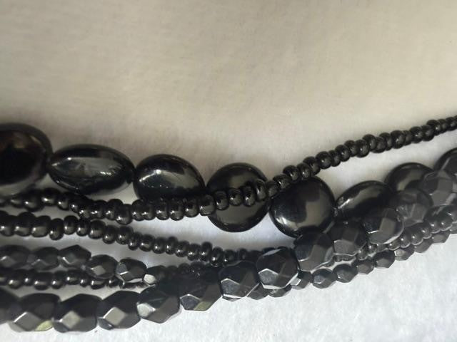 Black multi-strand beaded necklace bracelet earrings set 15" 7"