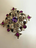 INTRICATE SILVERTONE GREEN & PURPLE CRYSTALS DIAMOND SHAPE BROOCH FASHION