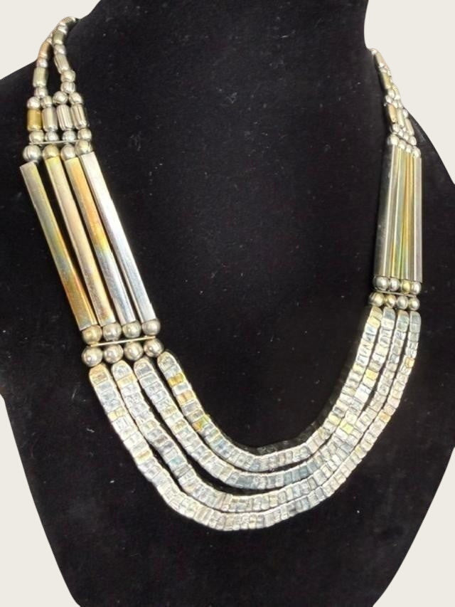 Vtg Egyptian revival tribal statement Bib necklace silver tone beads