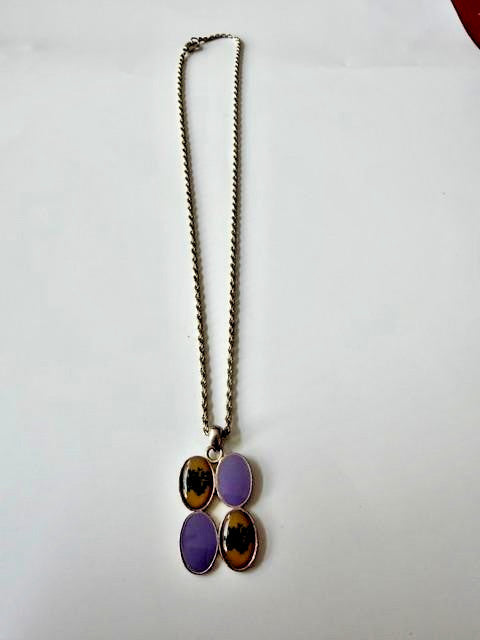 Purple Brown 4 Oval Cabochon Pendant Necklace Silver Tone 17”