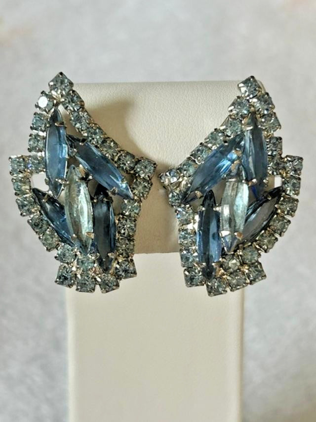 Vintage Blue Navette Rhinestone Clip On Earrings Silver Tone Mid Century Glam
