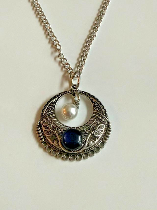 Silver Tone Filigree Blue Cabochon Faux Pearl Pendant Necklace 36"