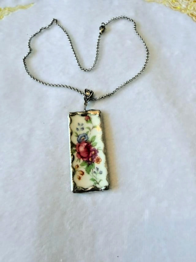 Handmade Broken China Floral Pendant Necklace Soldered Silver Tone 16" 2" Pendan
