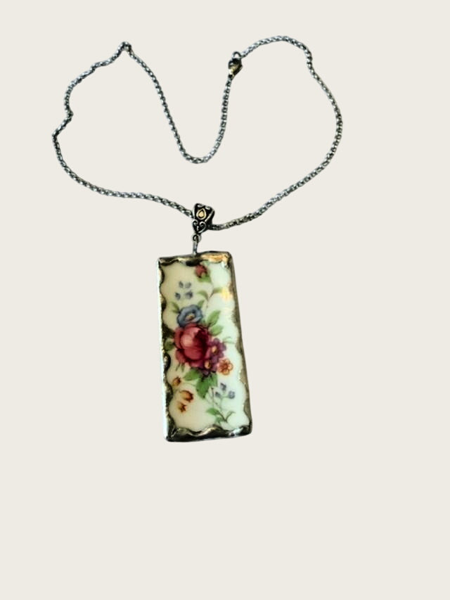 Handmade Broken China Floral Pendant Necklace Soldered Silver Tone 16" 2" Pendan
