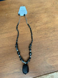 Black Bead Pendant Necklace Earrings Set 16" with silver accents.