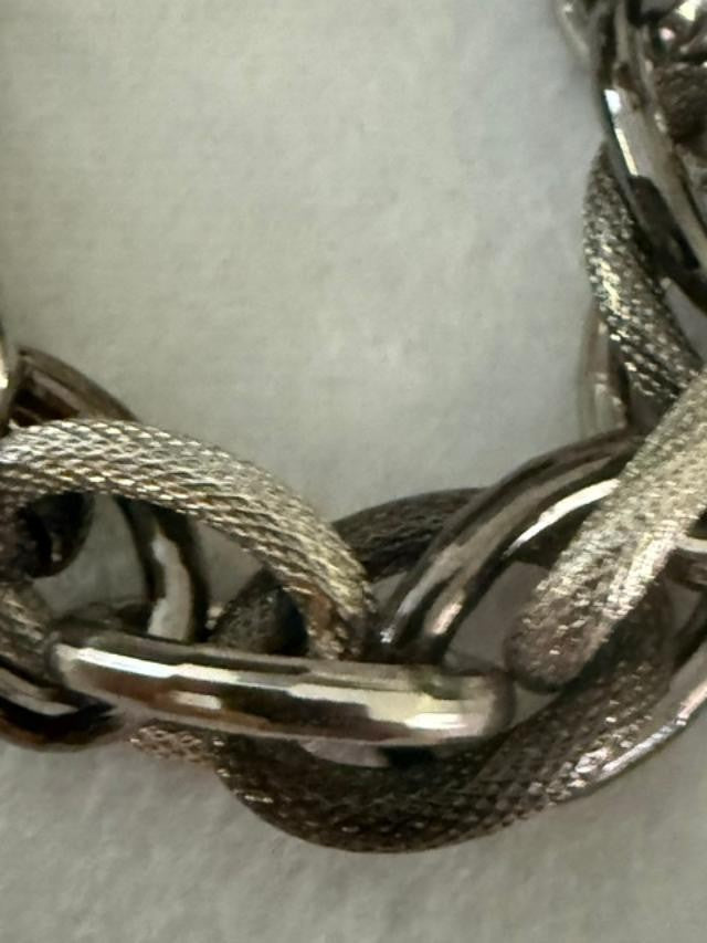 Vintage Silver Tone Chunky Mesh Link Necklace, Alternating Textured Oval Links