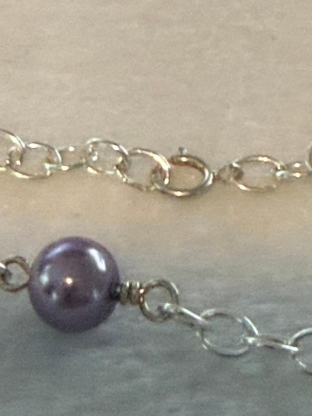 Long Silver Tone Purple Faux Pearl Station Necklace 40 Inch