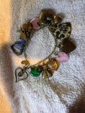 Anne Koplik Designs Charm Bracelet Antiqued Brass Hearts Rhinestone Vintage Styl