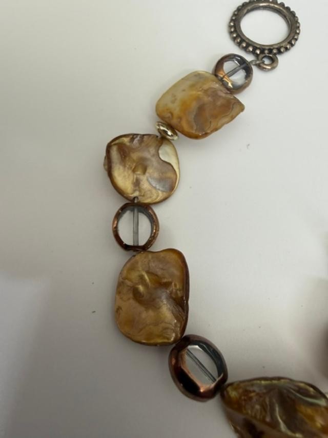 8" Brown Mother of Pearl Shell Nugget Smoky Glass Bead Toggle Bracelet