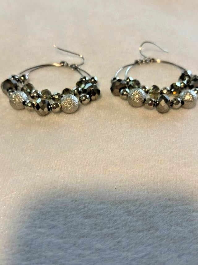 Silver Tone Double Hoop Smoky Faceted Bead Dangle Earrings