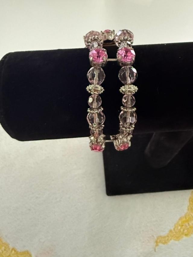 Pink Rhinestone Stretch Bracelet Amber Faceted Center Stone Silver Tone Boho
