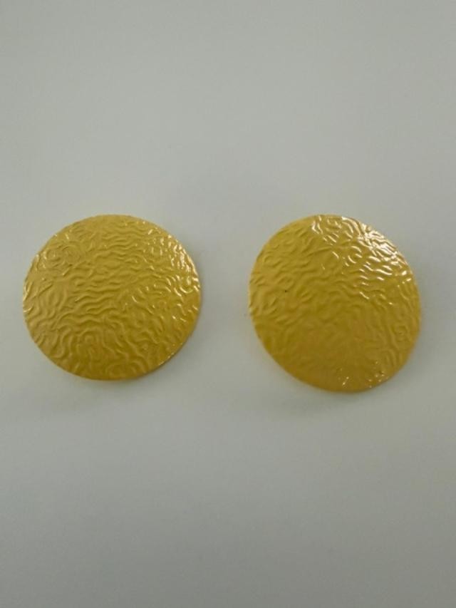 Yellow metal textured Round Disc Earrings 1.25" Bold Statement Costume Jewelry