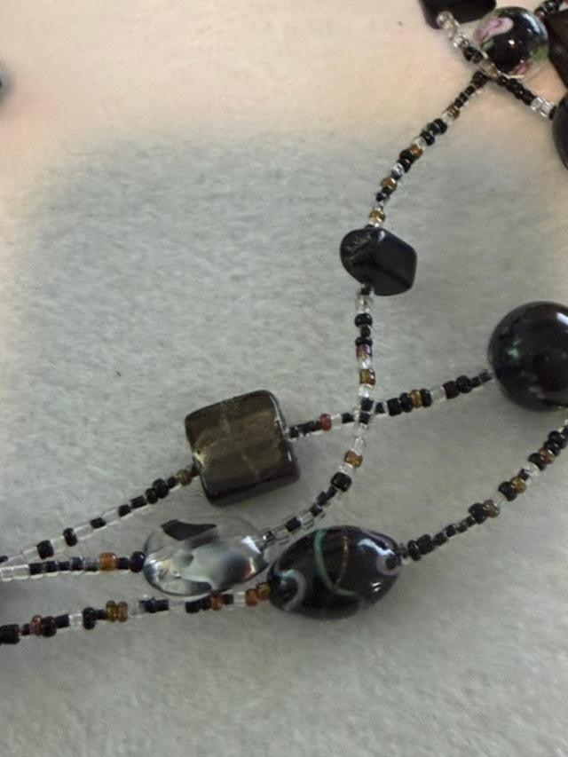 Vintage Tiara Misu Multi Strand Black Gray Glass Bead Statement Necklace