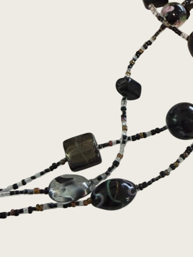 Vintage Tiara Misu Multi Strand Black Gray Glass Bead Statement Necklace
