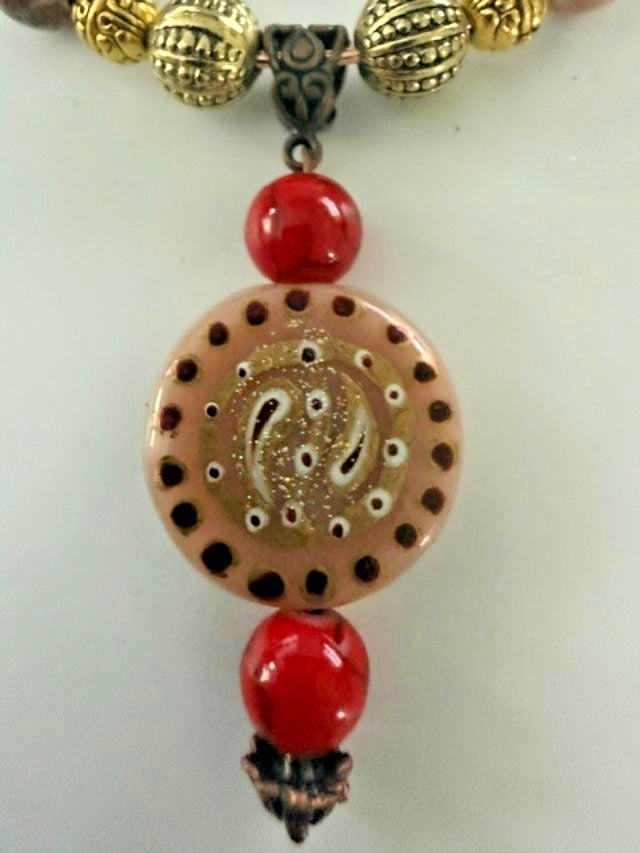 Boho Pink Red Mixed Bead Open Wire Bangle Bracelet Drop Charm 2.5"