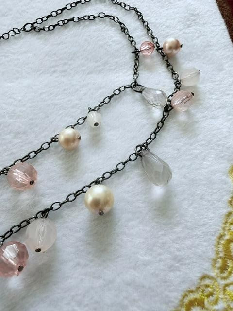 Gunmetal Double Strand Necklace Pink Beads Faux Pearls Gray Teardrops 22"