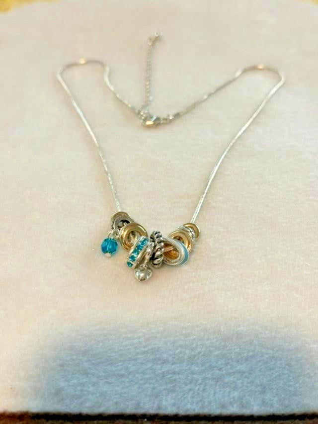 Mixed Metal Ring Cluster Necklace Blue Rhinestone Charm 21 Inch