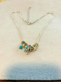 Mixed Metal Ring Cluster Necklace Blue Rhinestone Charm 21 Inch