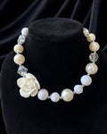 Ivory Rose Faux Pearl Clear Faceted Bead Statement Necklace 19"