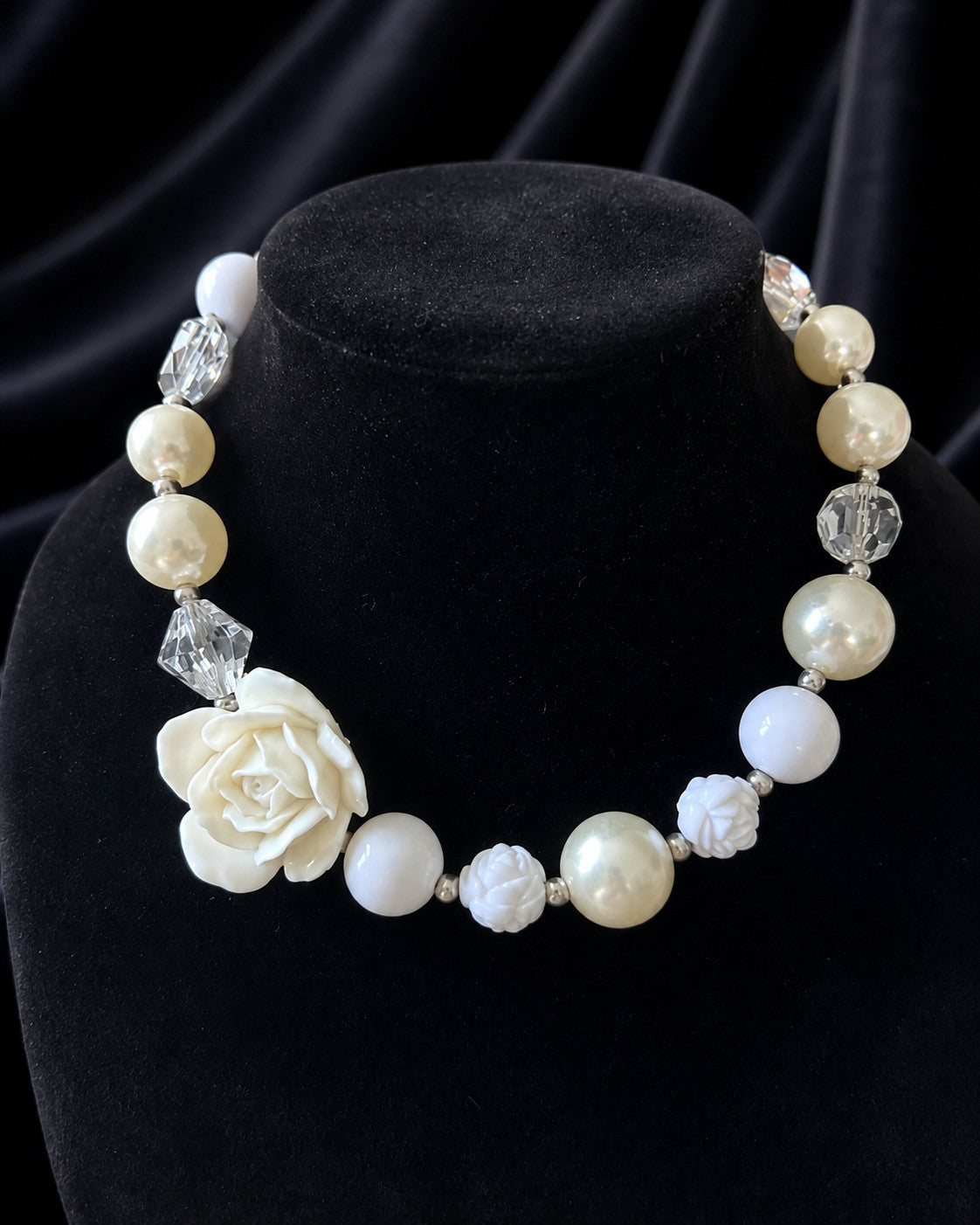 Ivory Rose Faux Pearl Clear Faceted Bead Statement Necklace 19"
