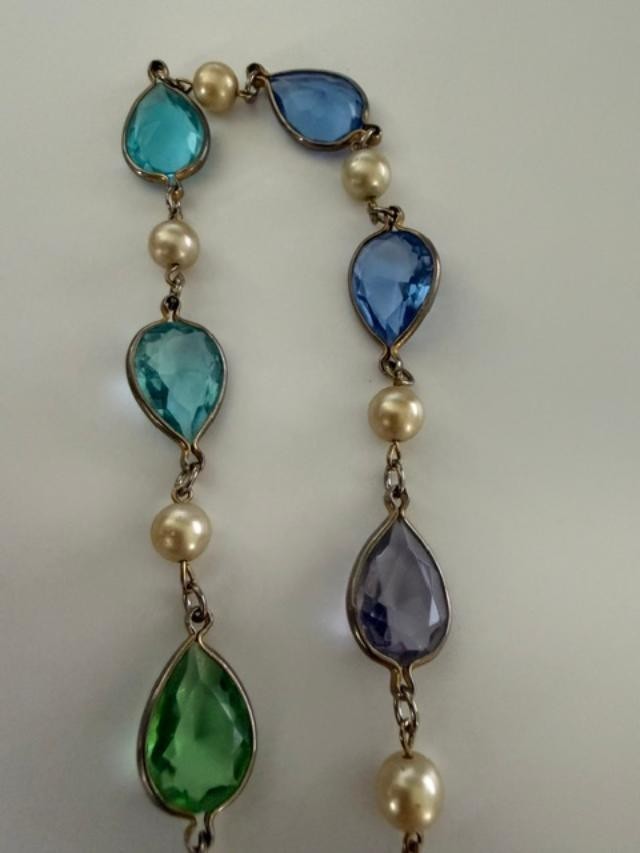 Long Multicolor Teardrop Glass Faux Pearl Station Necklace 54"