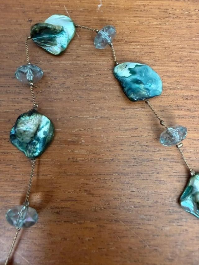 Black Lip Mother of Pearl Shell Glass Bead Long Station Necklace Boho