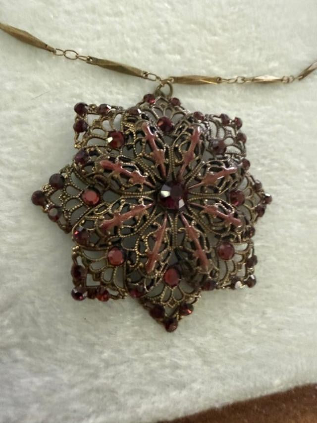 Anne Koplik Designs Filigree Flower Pendant Necklace Red Rhinestone 19"
