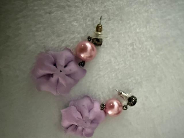Pair of pink floral statement dangle earrings featuring fuchsia rhinestone stud