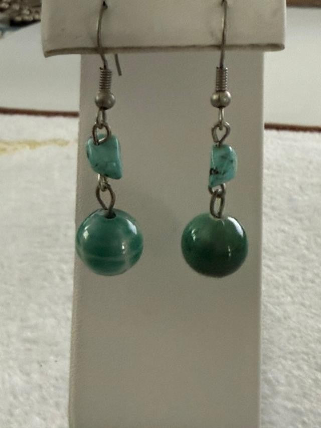 Green Turquoise Gemstone Chip & Round Bead Dangle Earrings Silver Tone 1"