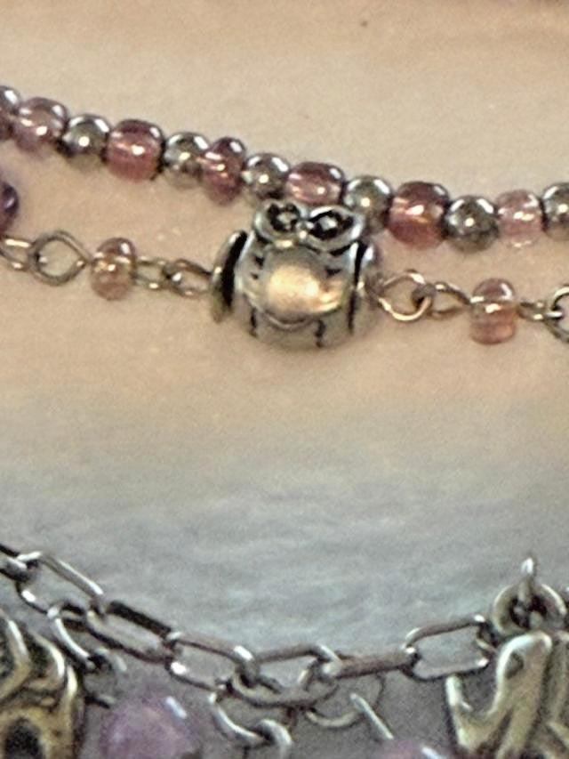 Purple Bead Owl Elephant Charm Multi Strand Necklace 18 Inch Silver Tone