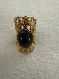 Victorian Revival Gold Tone Filigree Black Oval Cabochon Adjustable Ring