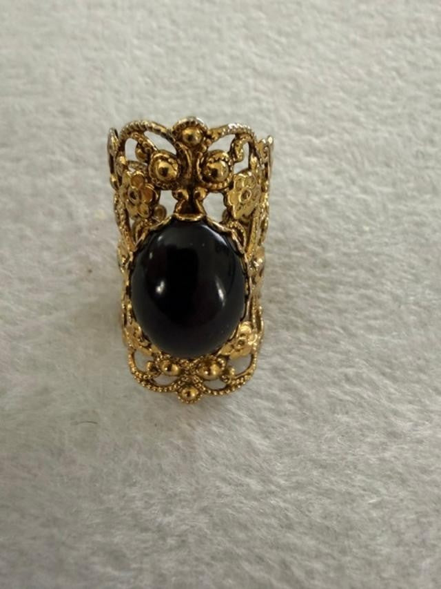 Victorian Revival Gold Tone Filigree Black Oval Cabochon Adjustable Ring
